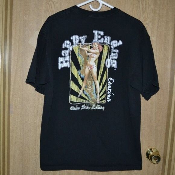 Happy Ending Cantina Black Cabo San Lucas Retro Pinup Girl Graphic Tee - Picture 1 of 8